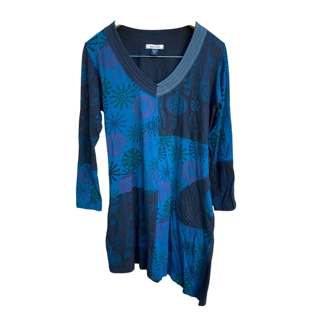 Yak n Yeti Patchwork‎ Cotton Tunic Top Boho Small Blue Festival Lagenlook Hippie